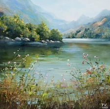 Oil painting Original Art River Landscape Country Summer Nature. Artwork 8x8