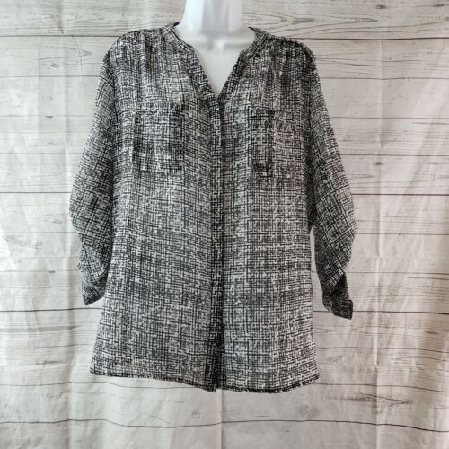 Socialite Womens Blouse Sz XL Black White Button Front Tabbed Sleeves Semi Sheer
