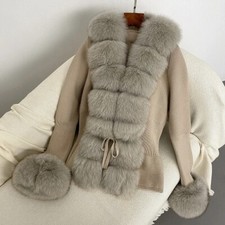 New Women Fur Coat Luxury Knitted Sweater Fur Cardigan Detachable Collar Jacket