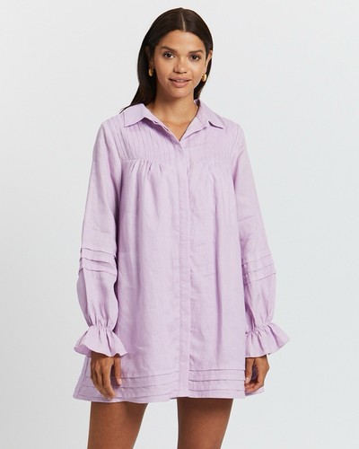 Aere | Lilac Linen Button Through Long Sleeved Smock Dress | Size 8 - Picture 4 of 12