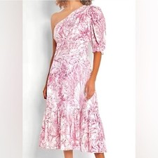 Express Printed One Shoulder Puff Sleeve Ruffle Hem Midi Dress Size Xs Vacation