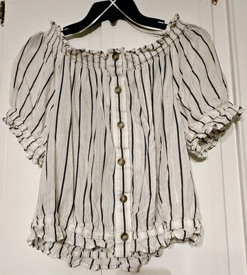 H&M Off-the-Shoulder Striped Crop Top Button Up Puffed Short Sleeves Size 10