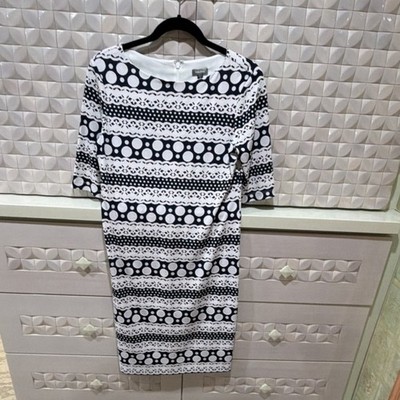 Neiman Marcus Sheath Dress Geometric White Navy 3/4 Sleeve Knee Length 6