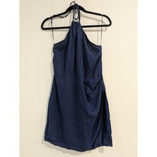 Reformation Dory Linen Halter Neck Ruched Side Mini Dress Navy Size 10 NEW