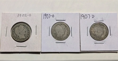 Barber Quarters, 1902-O, 1907-D, 1907-O, Lot of 3 90% Silver Coins