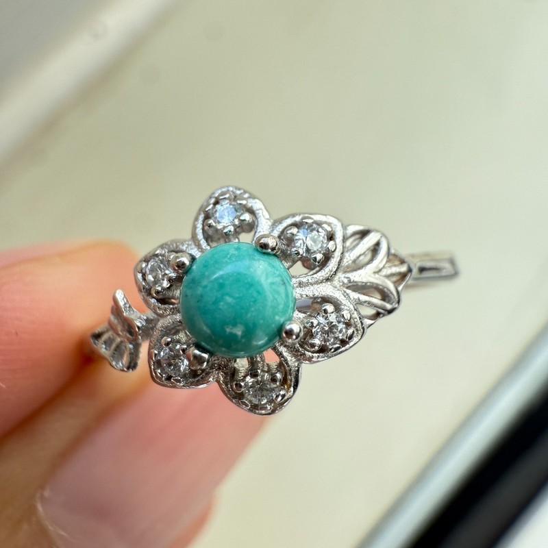 925 Sterling Silver Ring 4mm Natural Turquoise Gemstone Zircon Flower Handmade