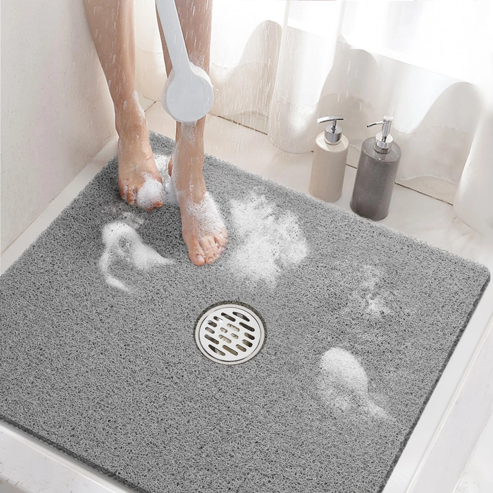 HITSLAM Square Shower Mat, 24 x 24 Inch Non Slip 24" x (Square), Grey