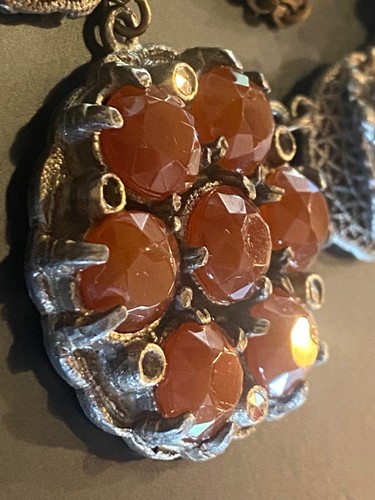 Antique Filigree Necklace Faceted Carnelian Glass/Stone Floral Gold Silver Tone - Picture 8 of 24