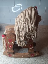 Wooden ROCKING HORSE White Yarn Hair Mane Tail 12" Tall heart