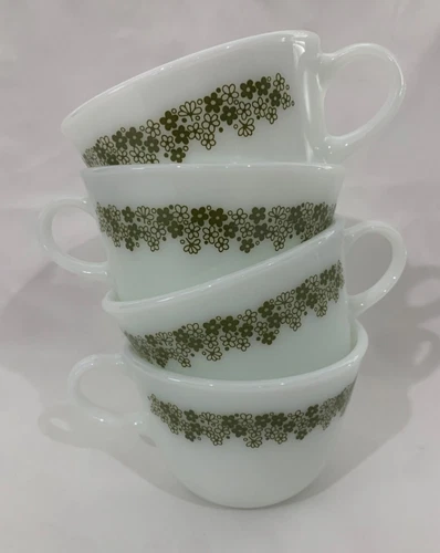  Vintage MCM Pyrex Green Spring Blossom Crazy Daisy Coffee Cup Mugs D-Handle 4 