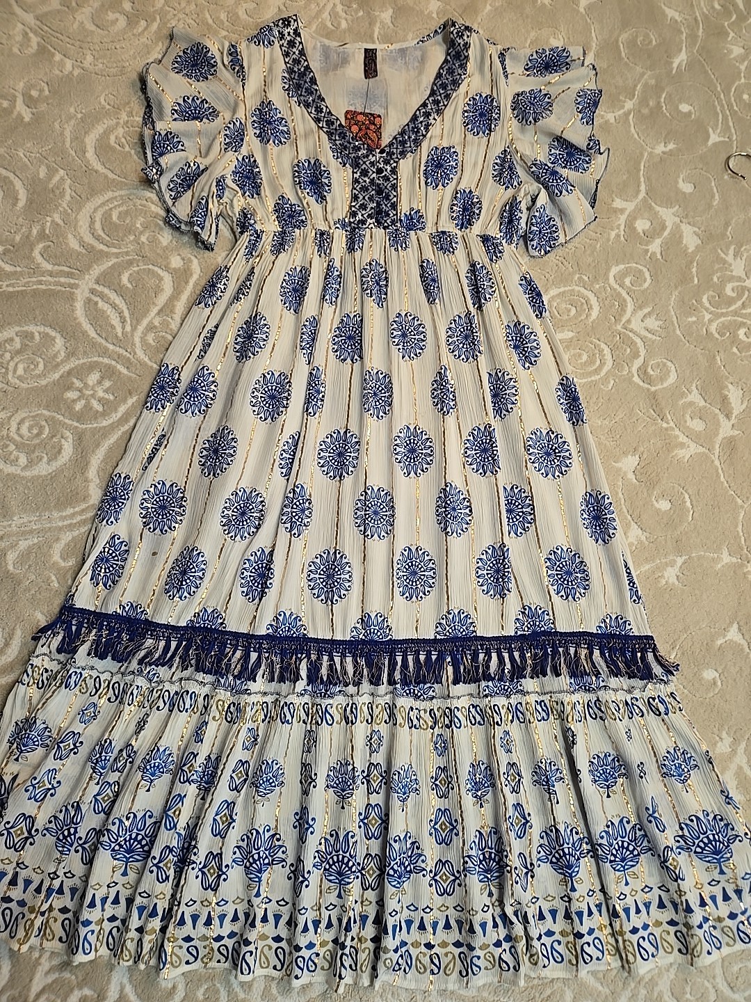 NWT Anthropologie Me 2 Magic Sz 3X Metallic Tiered Boho Maxi Dress Lined Tassel