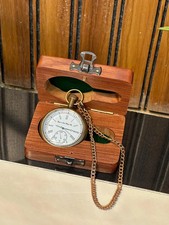 Vintage Brass Pocket Watch with Chain & Wooden Box: Antique Style Decor