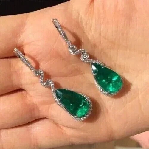 2.80Ct Pear Cut Lab-Created Emerald Drop Dangle Earrings 14K White Gold Plated - Image 3 of 4