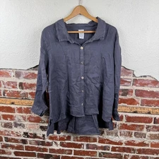 Match Point Shirt Womens Medium Gray Button Front Linen Ruffle Back Peplum USA
