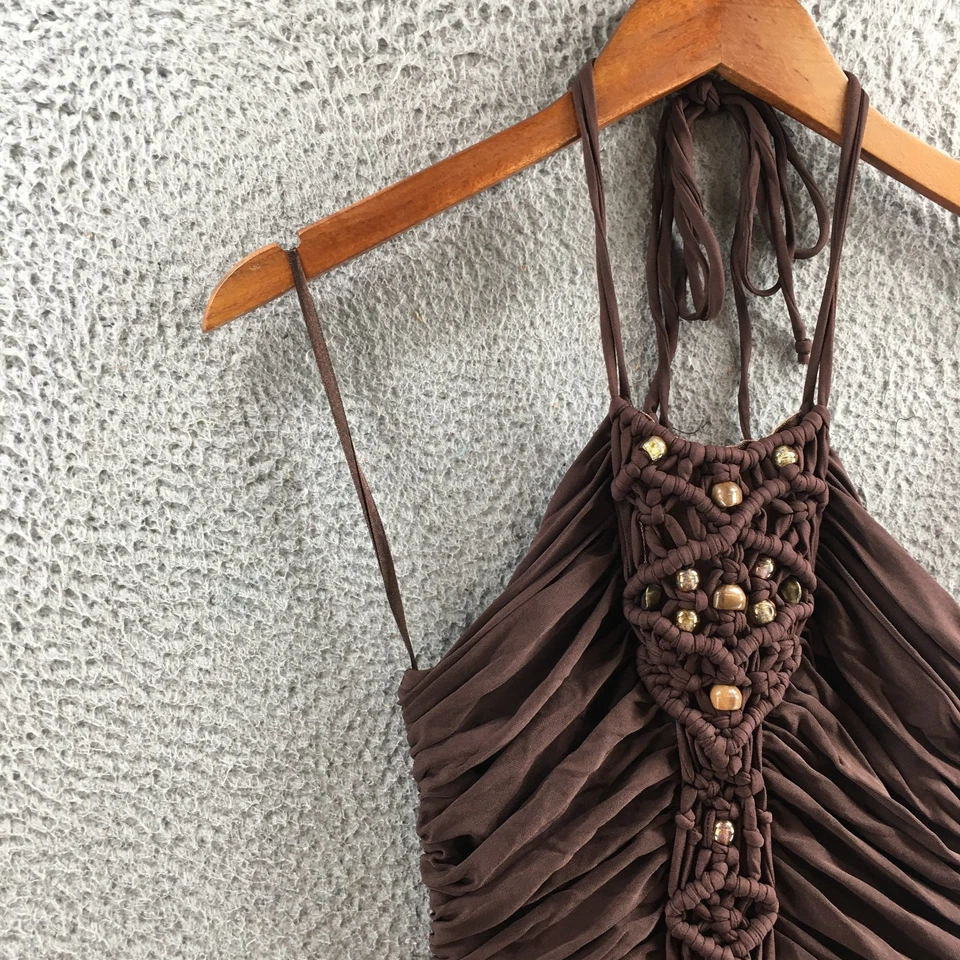 Vestido midi acanalado cuello halter BCBGMaxazria para mujer XS marrón sin mangas informal Foto 4 de 4