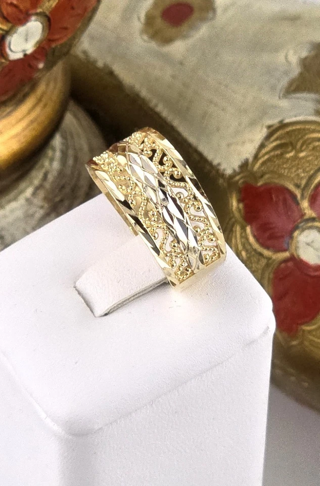 Anillo de oro macizo de 14k* Alto pulido* tamaño 8,5* 9,5 mm de ancho* Incrustación de rodio* WB207 Foto 3 de 4