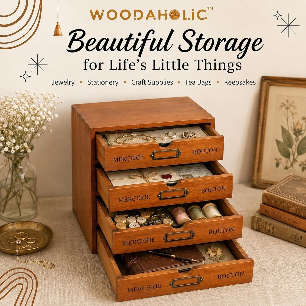 Vintage Stackable Desk Storage with 4 Drawers - Organize Craft