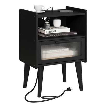 Nightstand with Charging Station, 2 AC Outlets, 2 USB Ports, Black - MORU Glass
