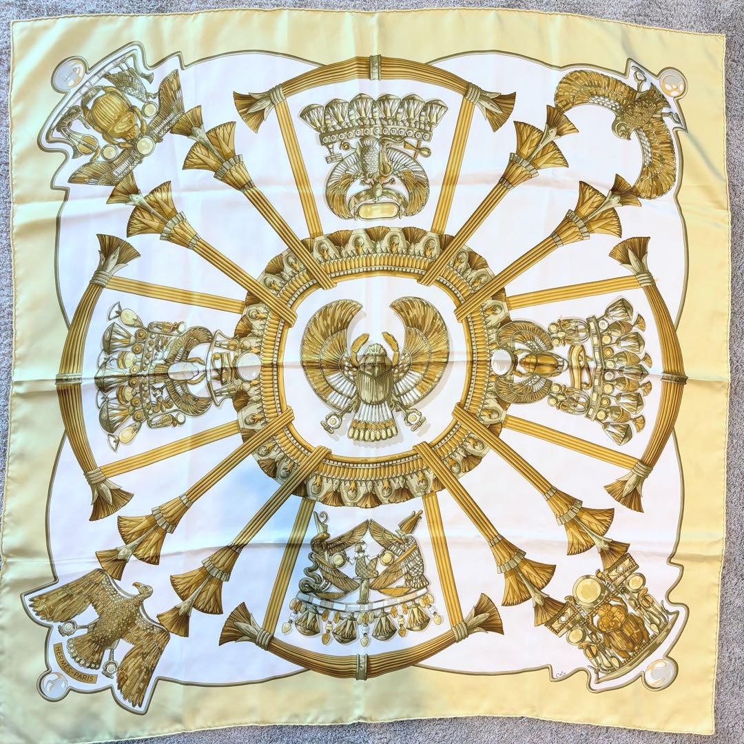 HERMES Silk Scarf 88x88 cm Yellow Egyptian Scarab Design Silk Twill