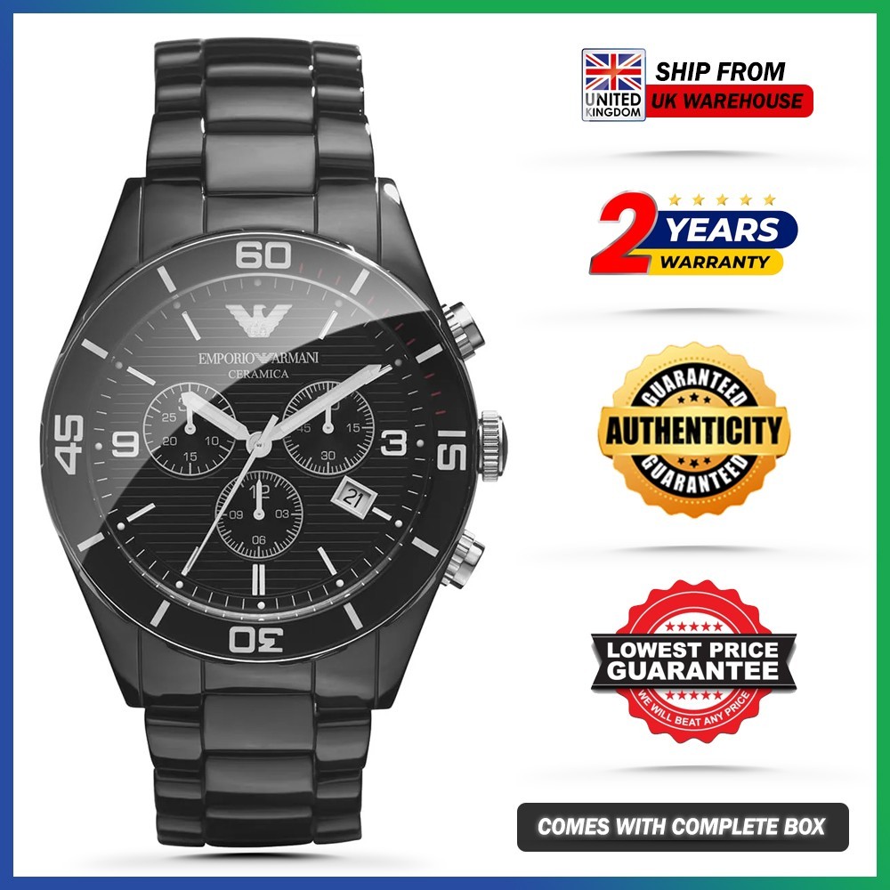 New Genuine EMPORIO ARMANI AR1421 Leo Large Black Dial Ceramic