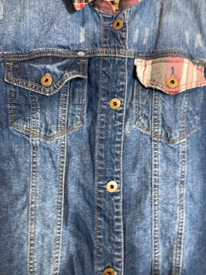 Chaqueta Jean American Rag Cie Para Mujer Mediana Franela Borde Boho Denim Azul Hippie Foto 3 de 4