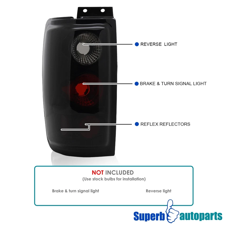Fits 1997-2002 Ford Expedition Tail Lights Brake Lamps Glossy Black Smoke Pair - Image 3 of 4
