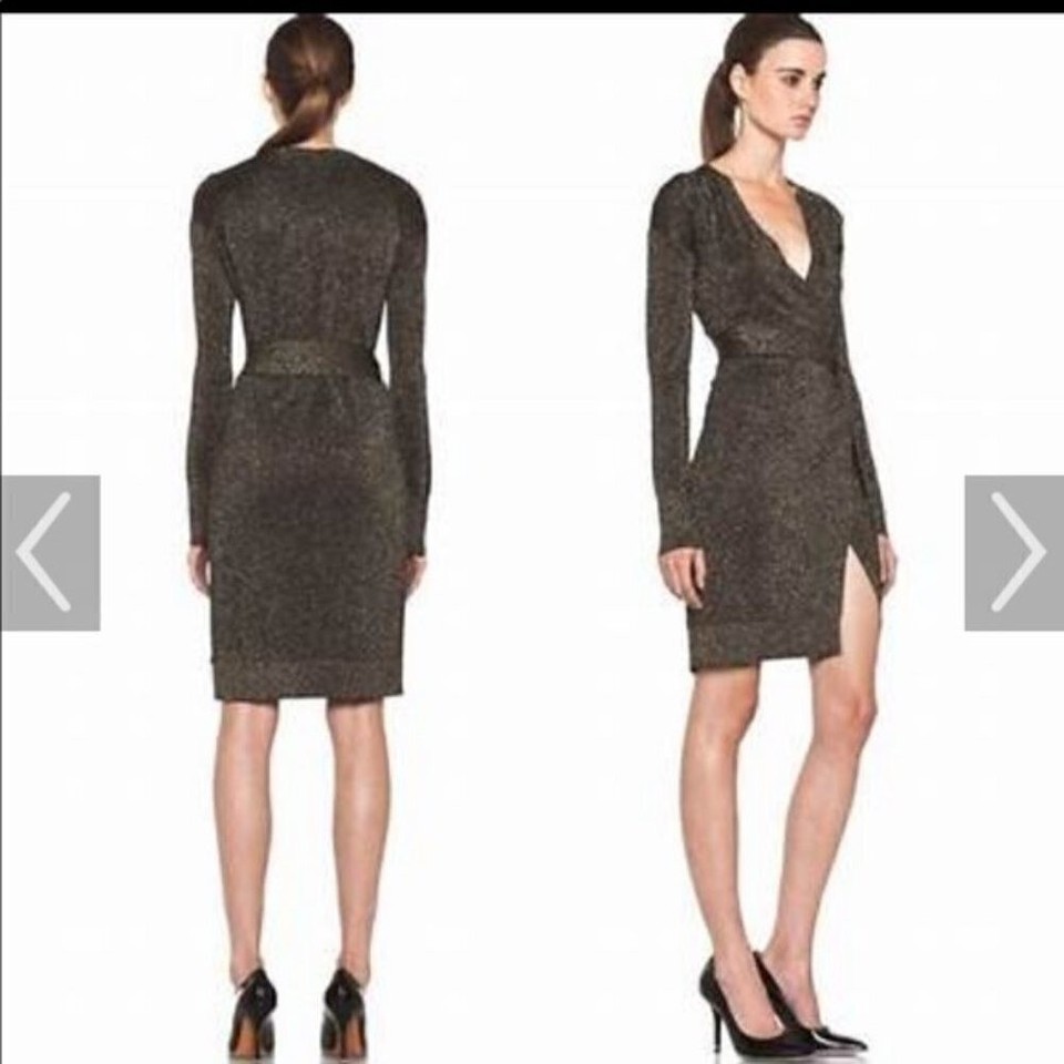 Diane Von Furstenburg DVF Metallic Ribbed Knit Gold Black Wrap Dress, sz S