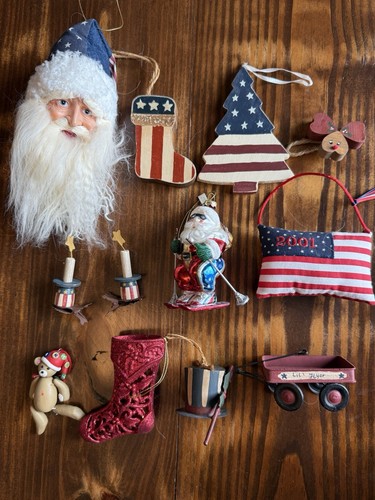 Primitive Patriotic Christmas Decor 12 Vintage Rustic Ornaments Wood Glass Decor - Picture 1 of 7