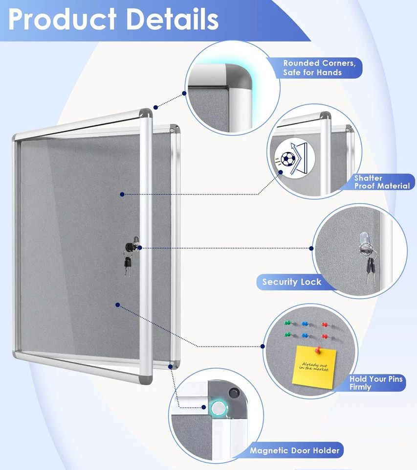 SWANCROWN Fabric Bulletin Board Enclosed Wall-Mounted Display Case for Office... - Image 3 of 4