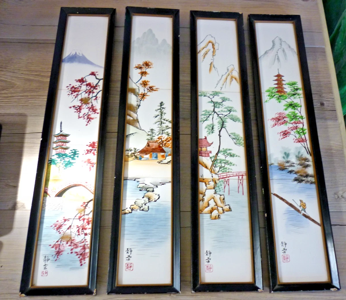 VINTAGE JAPANESE FRAMED CERAMIC HAND PAINTED TILE ART SIGNED SET