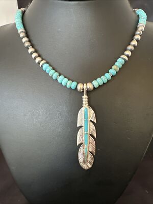 Mens Feather Turquoise Pendant Navajo Sterling Silver
