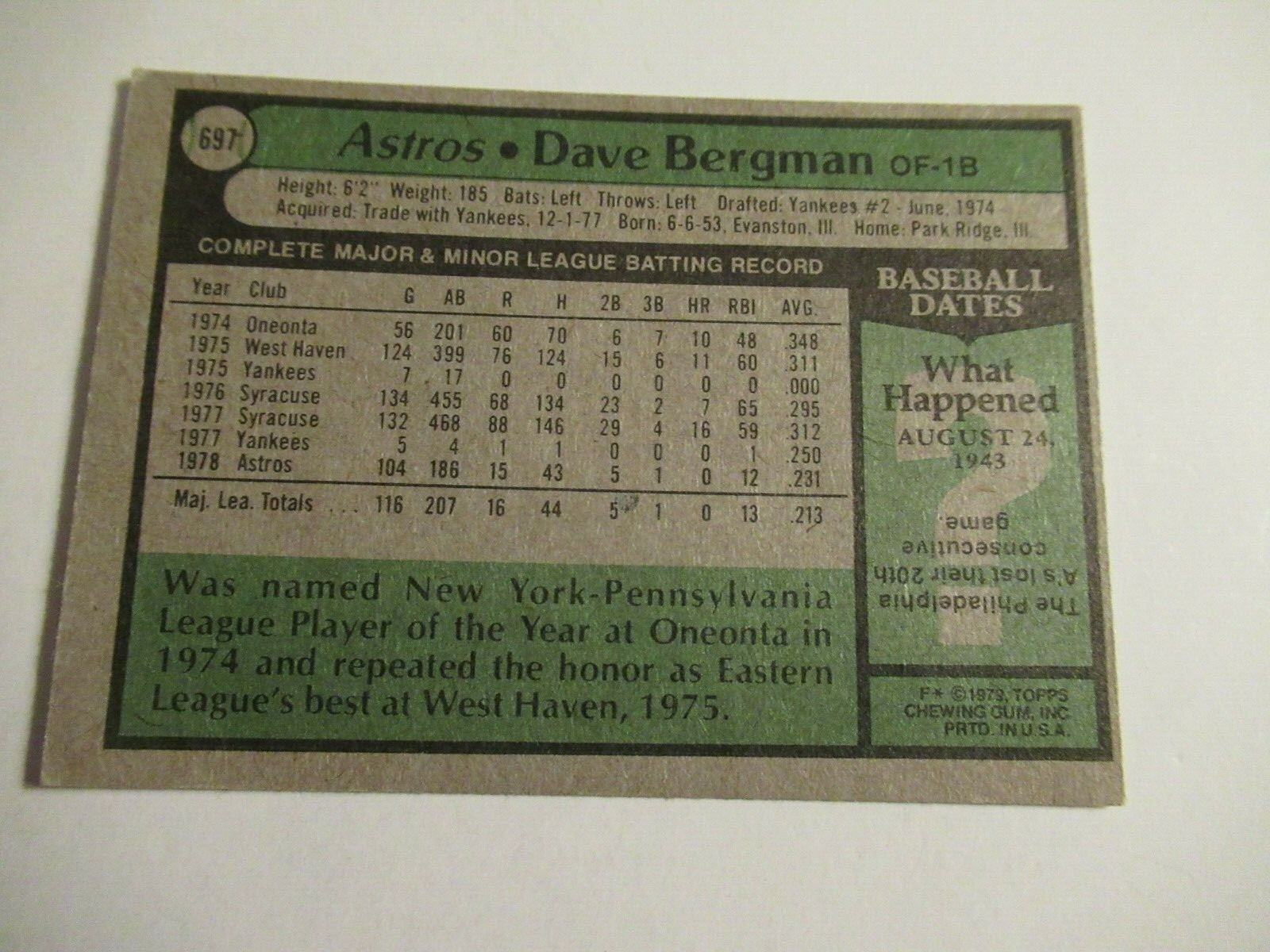 Dave Bergman, Topps Baseball Card 1979 697, Houston Astros eBay