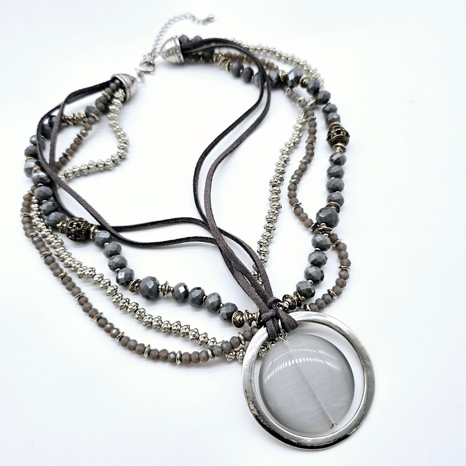 Floating Moon Statement Necklace Gray Leather Fac… - image 7