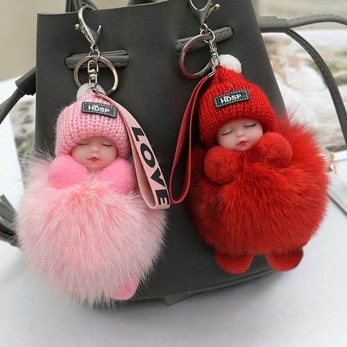 Pompom Sleeping Baby Keychain Cute Fluffy Plush Doll Keychains-_ - Picture 2 of 29