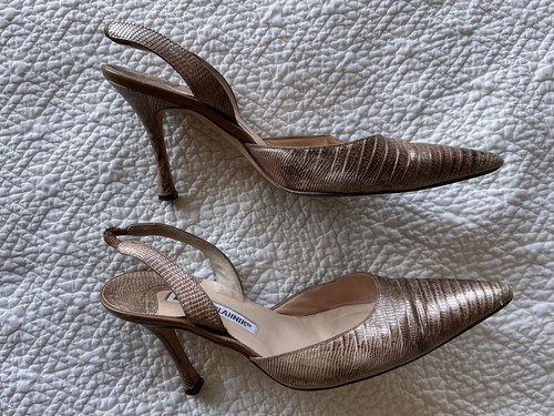 Vitg Manolo Blahnik Heels Metallic Rose Carolyne Python Slingback Pumps Gold 7 - Picture 6 of 7