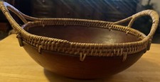 Vintage Carved Wooden Bowl Woven Trim Handles Folk Art Rustic Farmhouse LTN