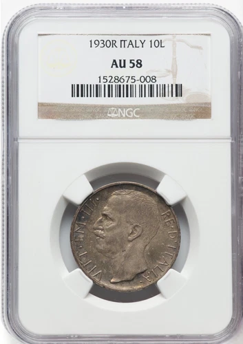 ITALY KINGDOM 1930-R 10 LIRE SILVER COIN ALMOST UNCIRCULATED NGC CERTIFIED AU58