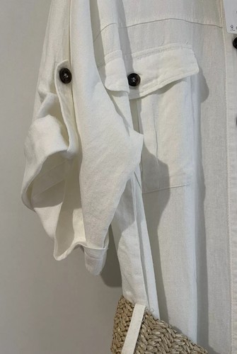 ABITO CAMICIA ZARA MISTO LINO ECRÙ MANICHE CORTE CON CINTURA INTRECCIATA TAGLIA M NUOVO CON ETICHETTE - Foto 6 di 11