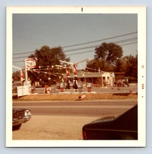 2 Vintage Photographs Texaco Gas Station Decorated w/ Flags Free Coca Cola Signs