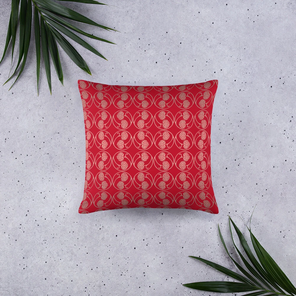 LOTUS LEAVES Pink on Red Pillow