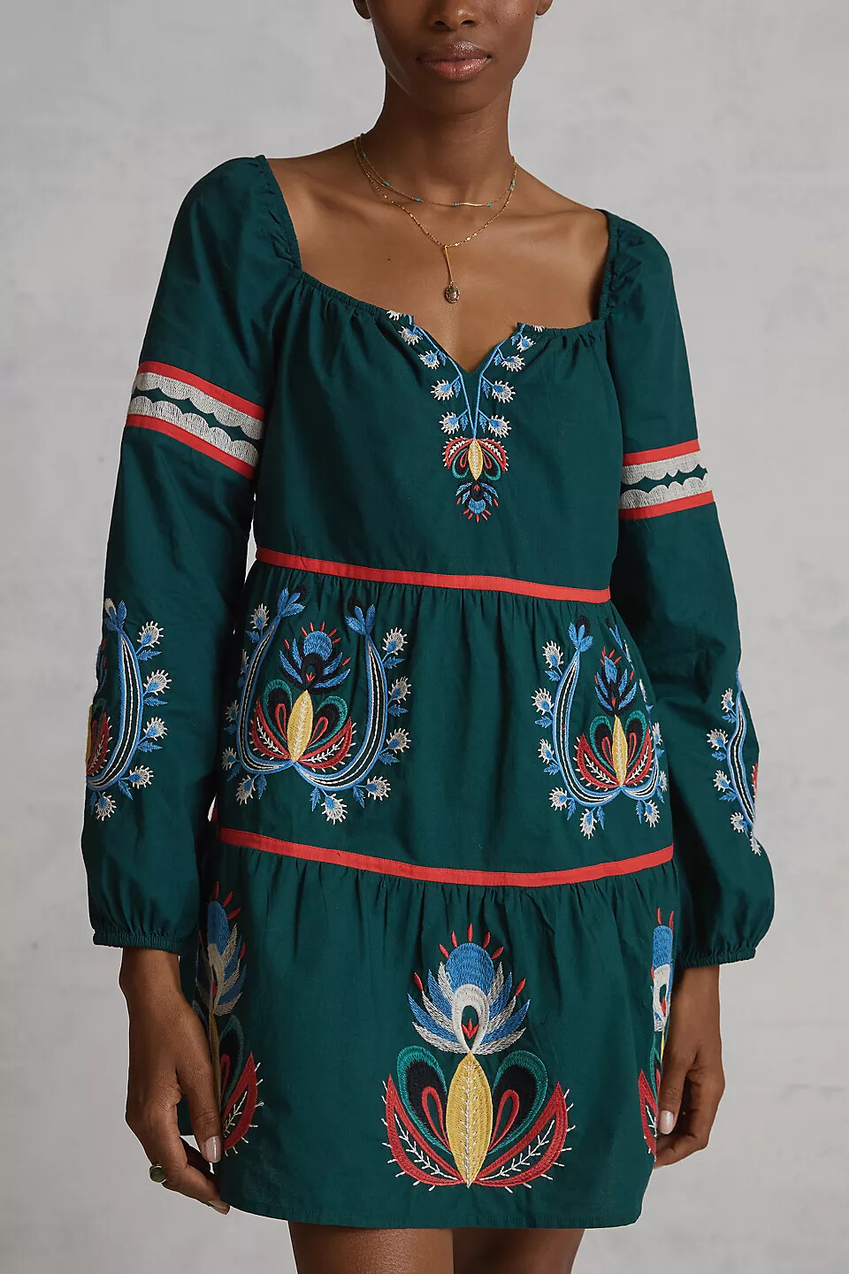Anthropologie Women's Let Me Be Embroidered Tunic Dress Green Motif Petite  | eBay