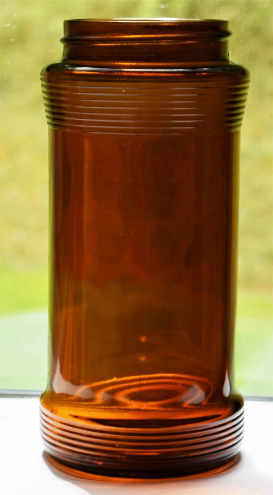 Antique Amber Glass Jar Pantry 1936 Ringed Top & Bottom Rare 1936 Jar Spice