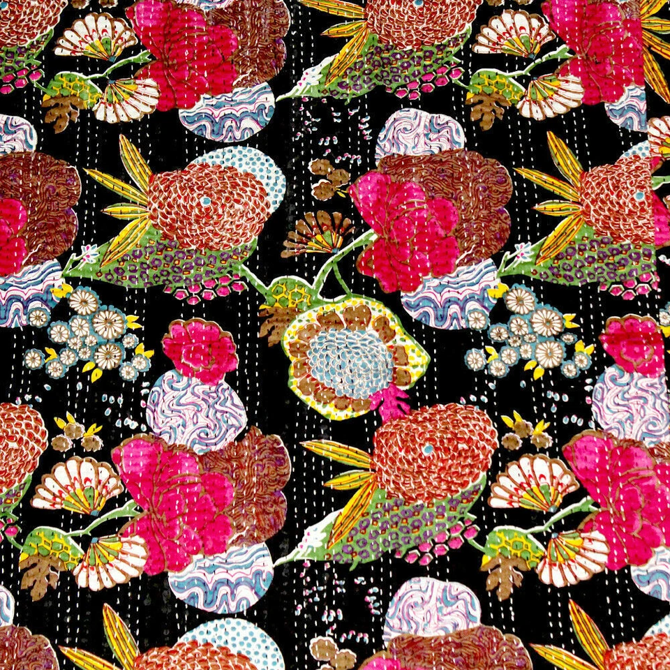 Colcha Kantha negra índigo floral tamaño doble colcha manta ropa de cama Foto 3 de 3