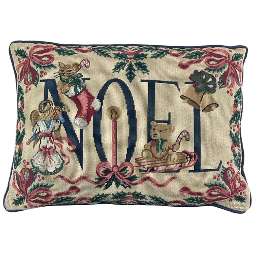Vintage Tapestry Christmas Pillow Noel Cat Angel Bear Bows Needlepoint 16"X 12”