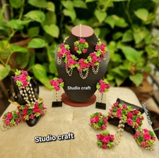 Women fashion flower  earrings tika bracelets necklace haldi mehandi babyshower