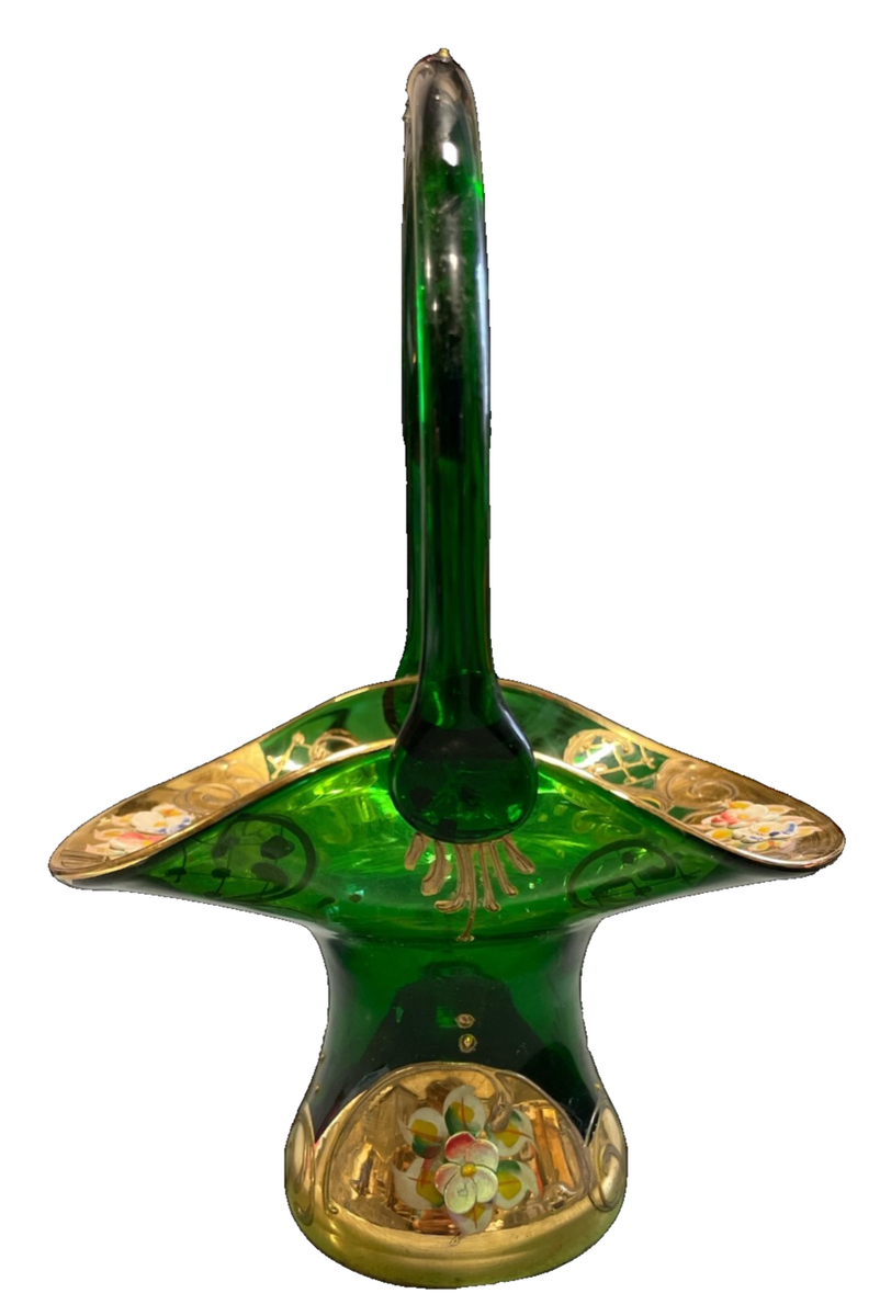 VINTAGE MURANO TREFOUCHI HANDBLOWN GREEN GLASS BASKET GOLD GILDING