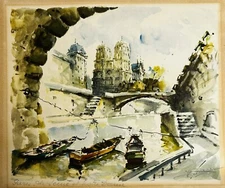 Lucien Delarue Watercolor Print Paris Le Seine Et Notre Dame Signed