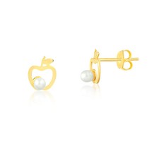 18k Gold Apple  Pearl Earrings Push Back Gift Small Jewelry