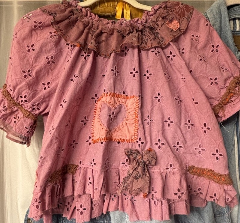 Bohemian Upcycled Like Magnolia  Ruffle Top Eyelet Patches Mending