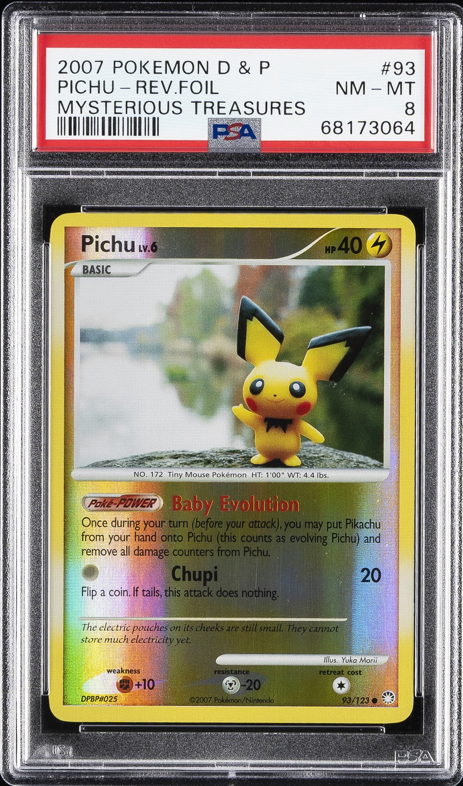 2007 POKEMON DIAMOND & PEARL MYSTERIOUS TREASURES #93 PICHU-REVERSE FOIL PSA 8